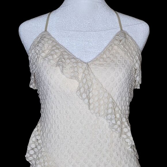 Chelsea & Violet Cream Polka Dot Mesh Asymmetrical Ruffle Midi Dress Small Boho - Picture 2 of 11